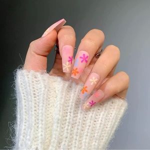 24 pcs colorful flower printed medium length press on nail